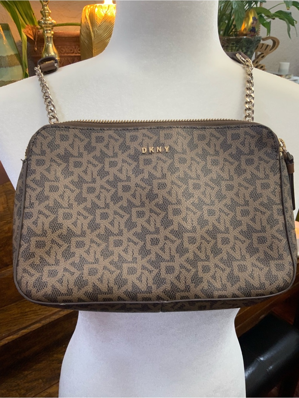 DKNY Brown Monogram Crossbody with Gold Chain Strap